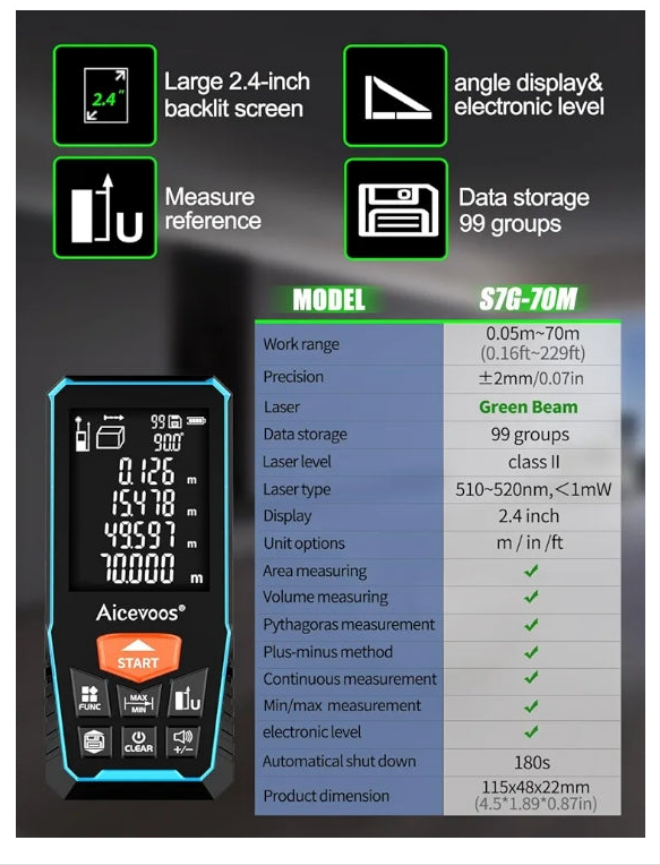 Laser Measure with Large Backlit Screen, Digital Laser Measurement Tool with Electronic Angle Measures Distance, Area and Volume(Green Beam)