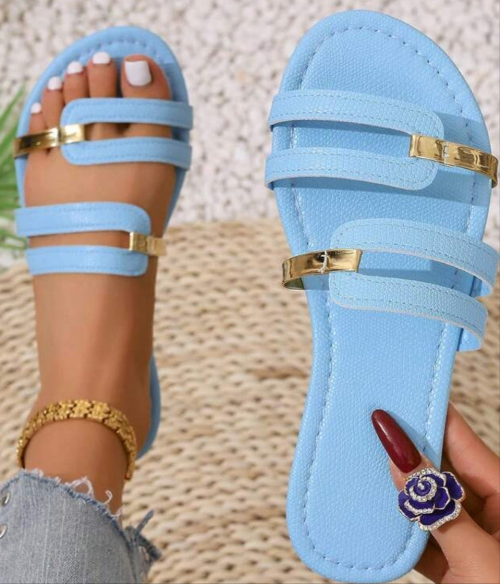 Slip-On Round Toe Flat Non-Slip Wear-Resistant Gold Stripe Hollow Open Toe Yellow Slippers, Matching Dresses, Skinny Pants, Casual Pants, Shorts, Skirts, Slip-On Women's Slippers For Spring, Summer, Autumn