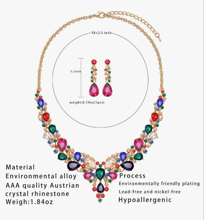 3/4 Pieces Women Jewelry Set Rhinestone Crystal Bride Statement Choker Necklace Tiara Crown Link Bangle Bracelet Teardrop Dangle Earrings Set
