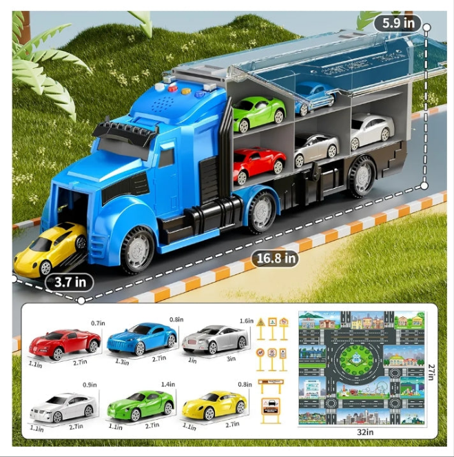 Toy Set with Play Mat, Carrier Truck Play Vehicles Set for 3 4 5 6 Years Old Boys Kids, Die-Cast Car Toy for Toddlers 3-4 Years, Birthday Gifts Toys for 3-9 Year Old Boys