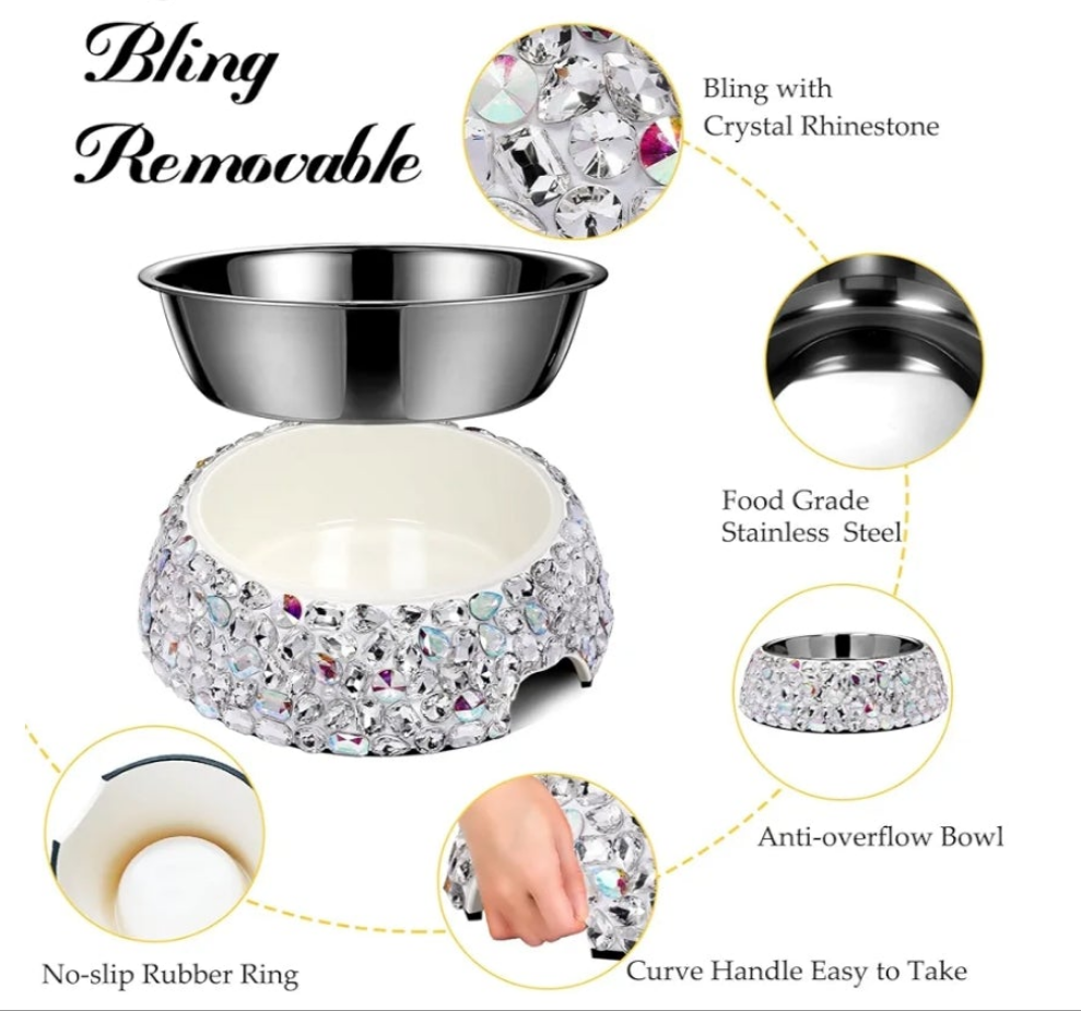 Rhinestone Pet Bowls, Bling Dog Cat Bowl Stainless Steel for Pets Food Water Dishes-2 Pack or single bowl