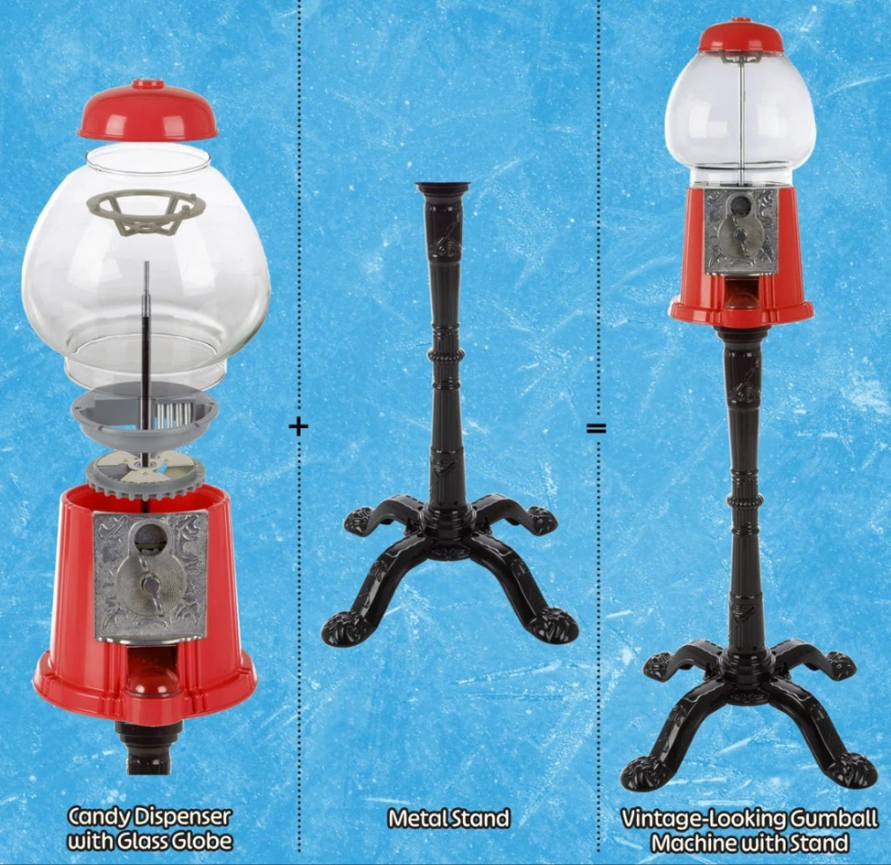 Bubble Gum Machine with Stand - Vintage Style Gum Ball Machine - Style Candy Dispenser Vending Machine with Glass Globe and Metal Base, Red Pink or Blue