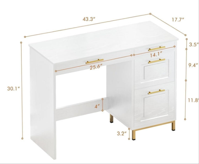 Desk with Drawers, 43” Home Office Desk with Storage, Golden Handle for Bedroom, Black and Gold Desk Study Writing Desk for Small Space