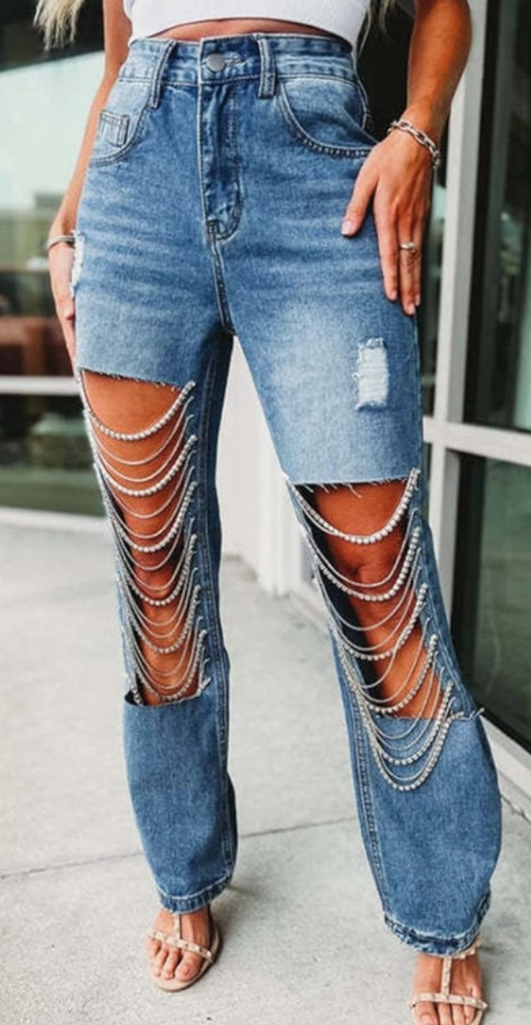 Sexy Ripped Distressed Destroyed Rhinestones Chain Party Clubwear Denim Pants Jeans