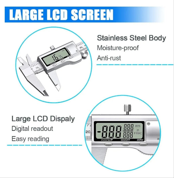 Digital Caliper Measuring Tool, Stainless Steel Vernier Caliper Digital Micrometer with Large LCD Screen, Easy Switch from Inch Metric Fraction, 6 Inch Caliper Tool for DIY/Household