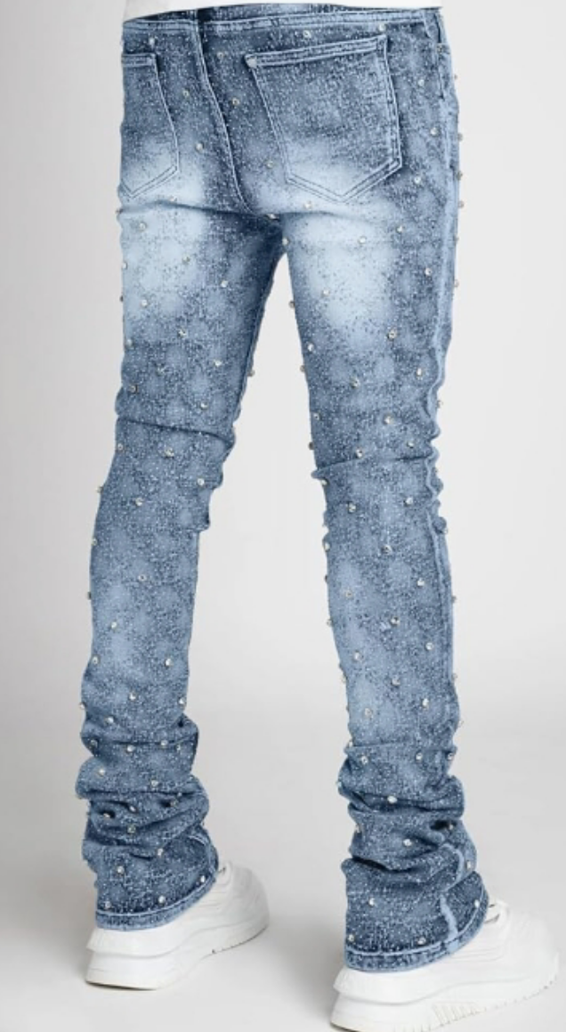 Stretch Fit Skinny Stacked Rhinestone Jeans Slim Fit Printed Y2K Denim Pants Trousers Streetwear