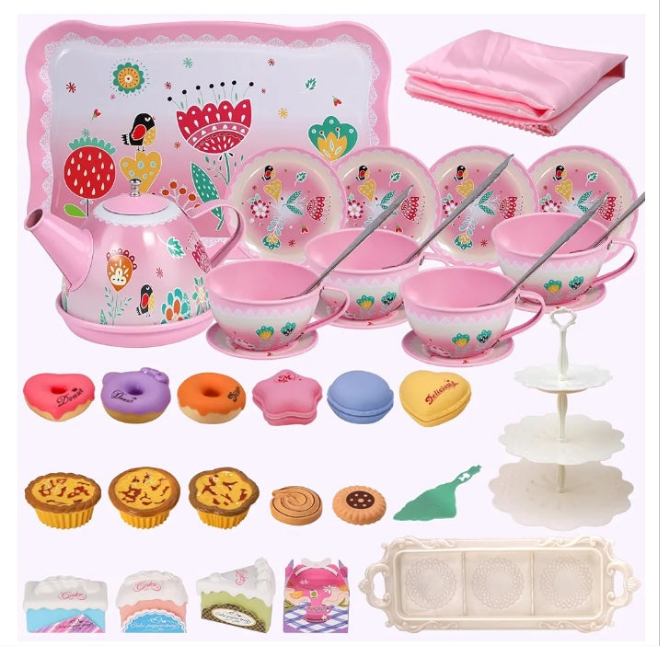Tea Party Set for Little Girls,PRE-WORLD Princess Tea Time Toy Including Dessert,Cookies,Doughnut,Teapot Tray Cake, Tablecloth & Carrying Case,Kids Kitchen Pretend Play for Girls Boys Age 3+