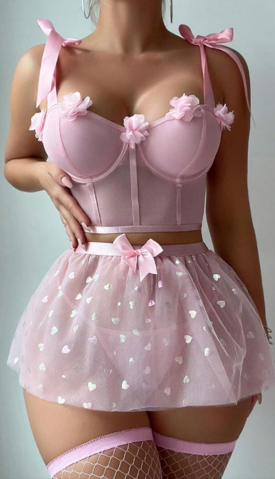Women's 5 Piece Lingerie Set Bow Tie Camisole Mesh Tulle Skirt and Thong with Stockings COCOMONEY pink
