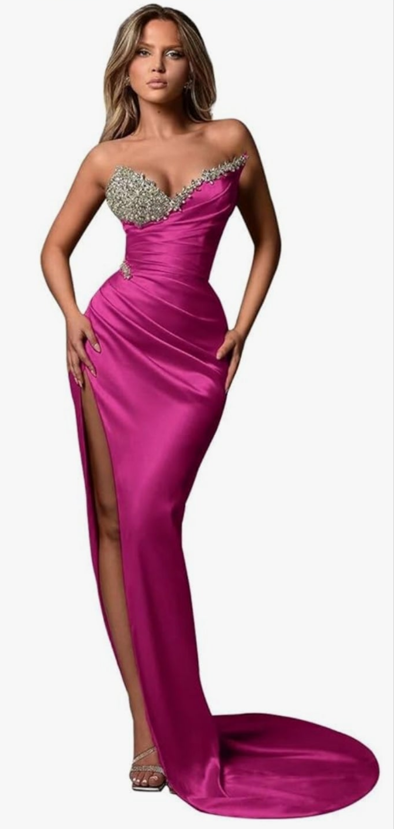 Strapless Beaded Mermaid Wedding Dresses for Women Long Satin Formal Evening Party Gowns with Slit