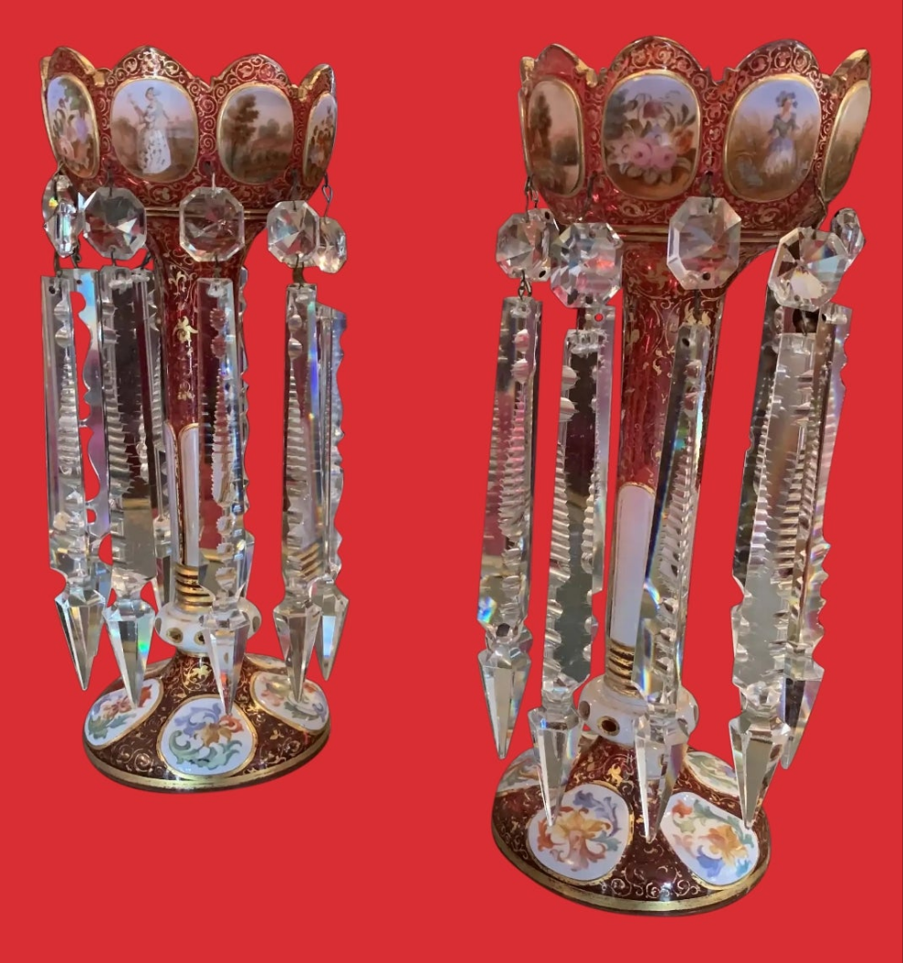 Pair of antique Moser Bohemian cranberry overlay hand painted lusters, circa 1900s cranberry glass