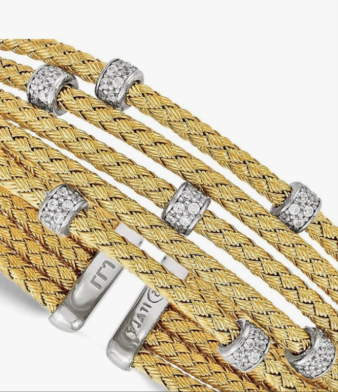 925 Sterling Silver Gold-tone CZ Woven Flexible Cuff Bangle Bracelet