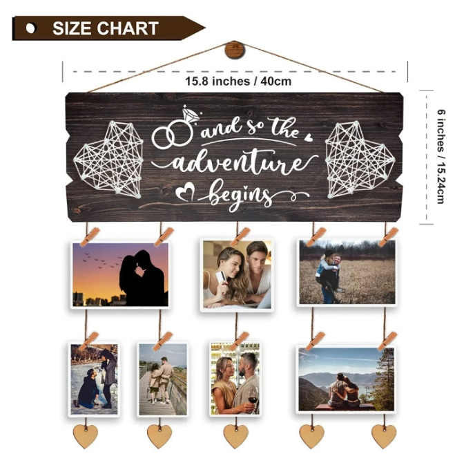 Wedding Engagement Gifts for Women Bride to Be - Couples Wall Picture Hanging Collage Board with Clips and Twine 15.8x6.0 Inches
