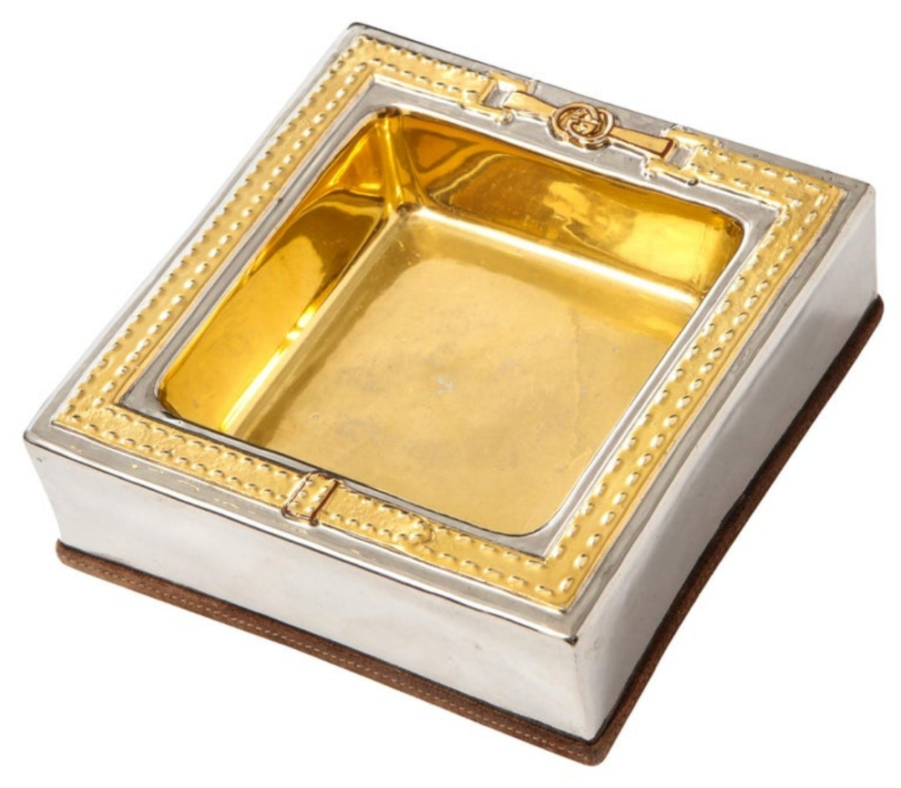 Gucci Horsebit Double Ashtray, Brass, Gold Leaf, Nickel, Leather, Signed