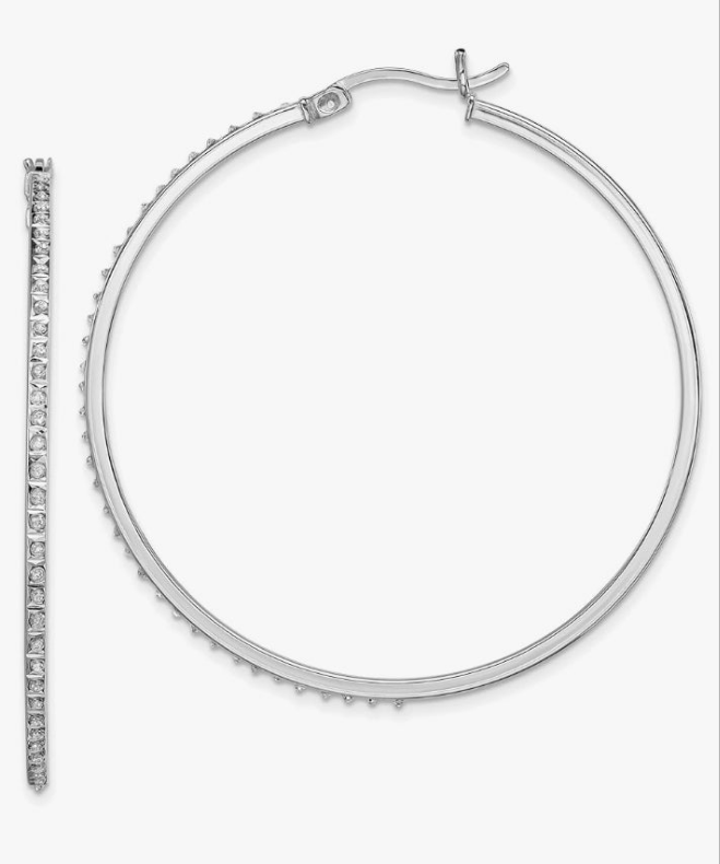 925 Sterling Silver Diamond Round Extra Large Hoop Earrings