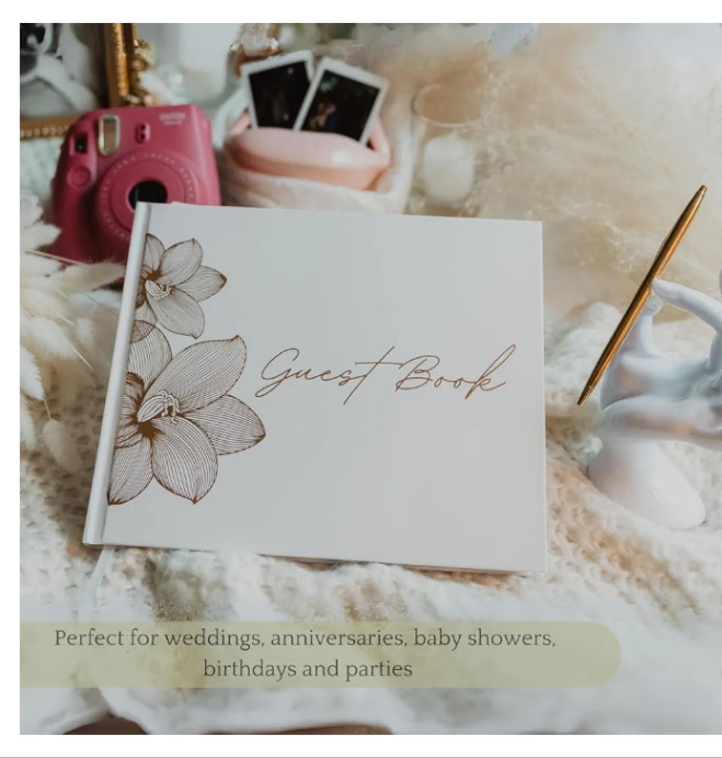 Guest Book Wedding For Reception Classic Quality Guest Book Sign, Party, Baby Shower & Funeral, Includes Attractive Gold Pen,100 Blank Pages for Guest Signatures, Polaroid Photos & Memories