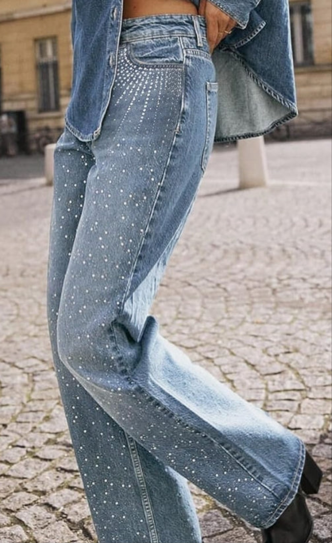 Rhinestone Jeans High Waist Sright Leg Denim Pants Trousers Streetwear