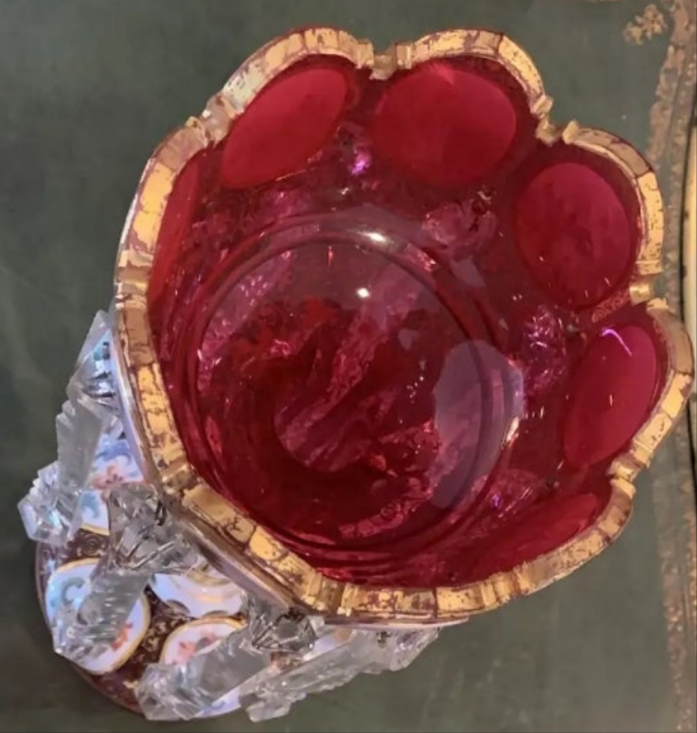 Pair of antique Moser Bohemian cranberry overlay hand painted lusters, circa 1900s cranberry glass