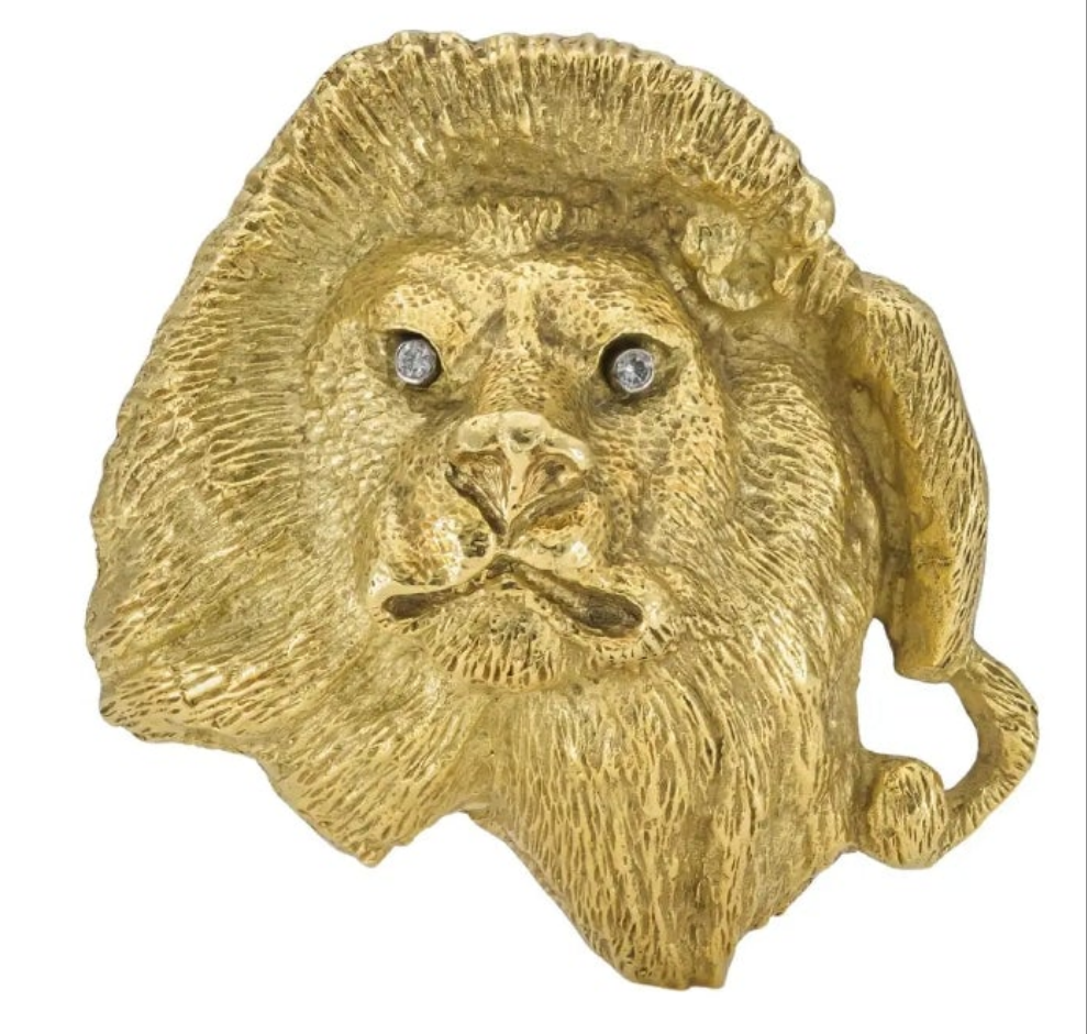 18k Gold Diamond Vintage 1970s Gold Lion Belt Buckle with Diamonds