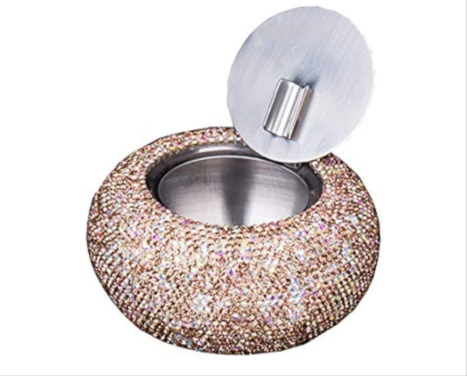 Rhinestone Ashtray with Lid, Flip Top Stainless Steel Tabletop Ashtray for Smokers, Desktop Smoking Ash Holder for Home & Office Decoration (Silver)