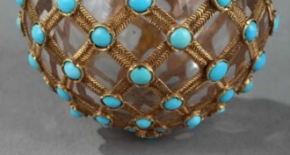 Gold, Crystal and Turquoise Perfume Flask Restauration Period 18k Gold