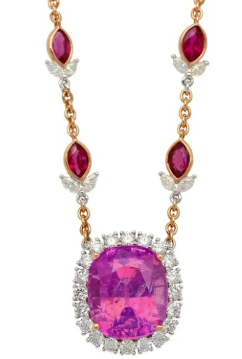 AGL Certified 10.26 Carat Cushion Cut Pink Sapphire, Ruby, & Diamond Necklace