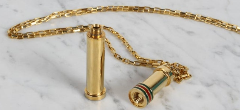 1980s Vintage GUCCI Gold Plated Necklace Perfume Bottle Stick Pendant NOS in Box