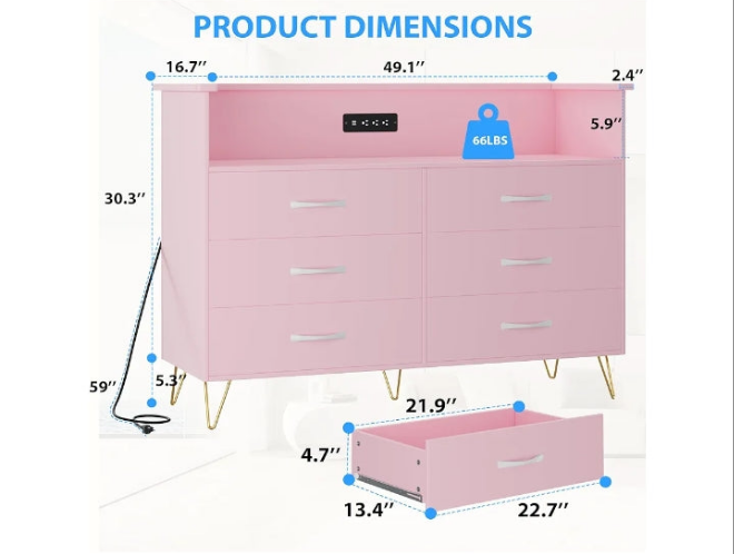 Dresser for Bedroom with LED Light & Power Outet, 6 Drawers Wooden Dressers with 2-Tier Open Space, Modern Chest of Double Wide Drawers for Living Room, Entryway, Hallway TV Stand