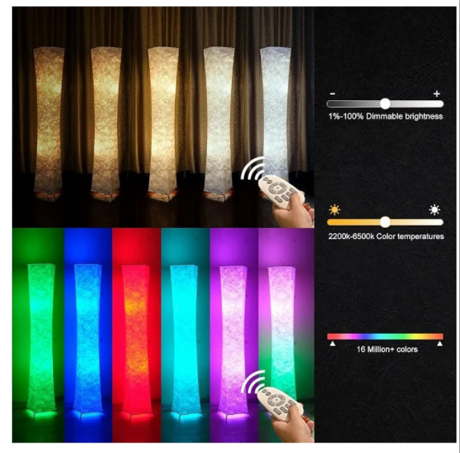 61" Floor Lamp ,16 Million DlY Colors and Scene Modes for Living/Game Room and TV, Music Sync, Tyvek Fabric Shade, Smart App Control, Compatible with App/Remote Control