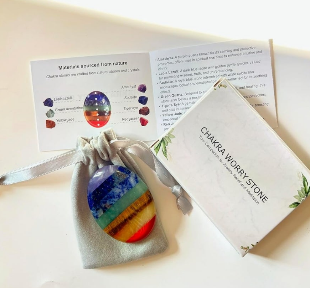 Thumb Worry Stone for Anxiety, 7 Chakra Crystals Healing Stones, Oval Chakra Worry Stone, Meditation Crystal