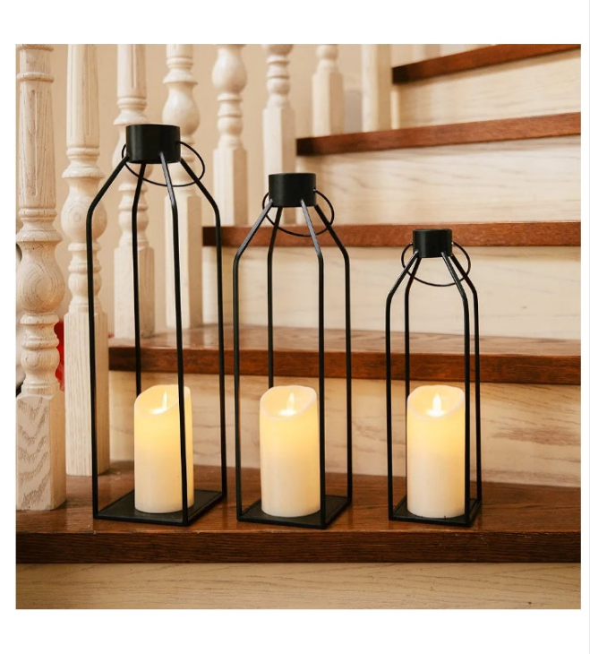 22'' 19'' 16'' Lanterns Decorative w/Flickering Timer Candles- Tall Large Black Metal Candle Lanterns Set of 3- Modern Farmhouse Lanterns Decor for Indoor,Outdoor,Tabletop,Porch (No Glass)