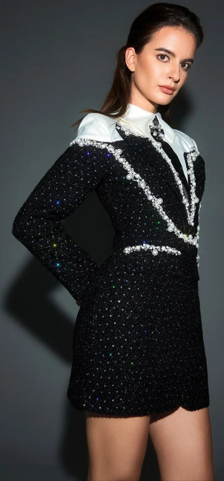 COCOMONEY Shirt Collar Sequin Pearl Decor Mini Dress-Black