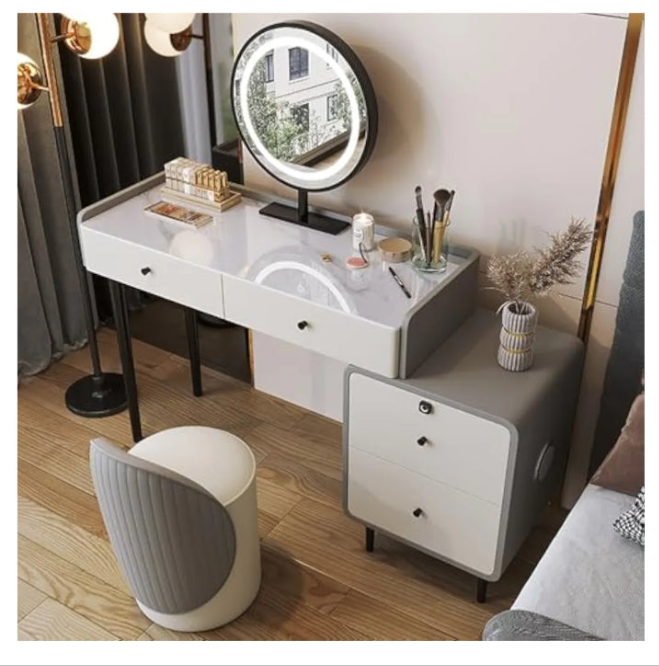Modern Vanity Table with Smart LED Mirror Spacious Storage Soft Makeup Stool Large Drawers All Wood Frame Dressing Table for Bedroom and Small Spaces (Gray 31.5IN) ( D_47.2IN)