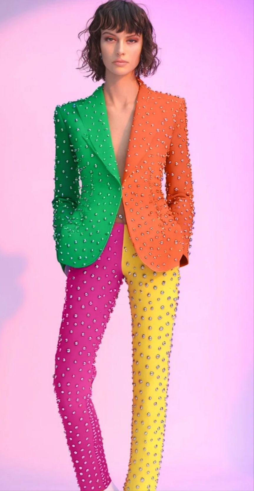 COCOMONEY Studded Multicolor Print Two Piece Pant Suit-Multicolor