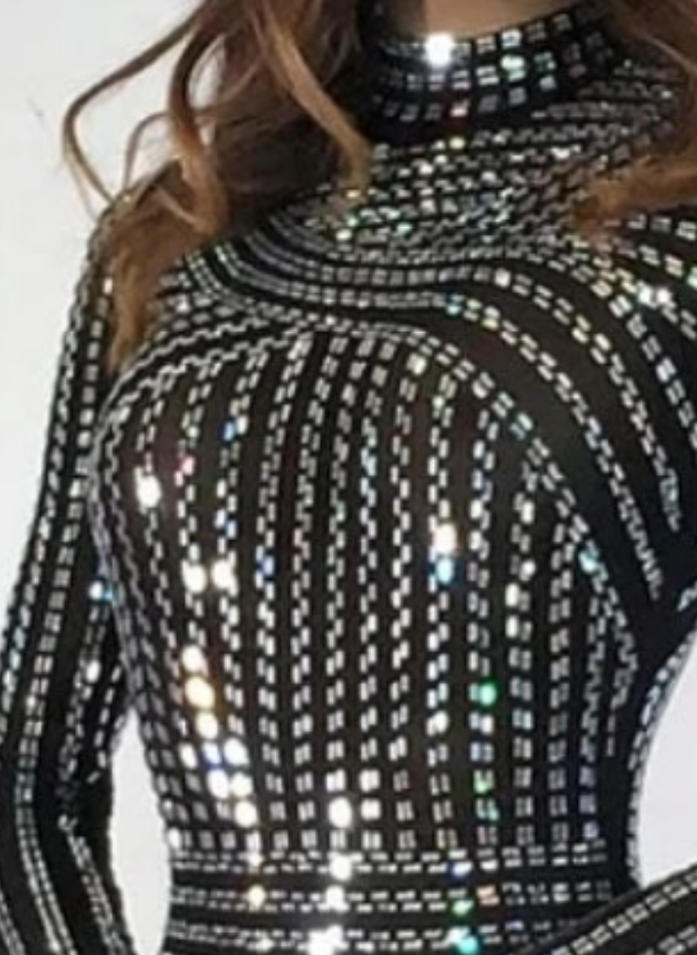 Stand Collar Long Sleeve Rhinestone Tunic Midi Dress-Black COCOMONEY