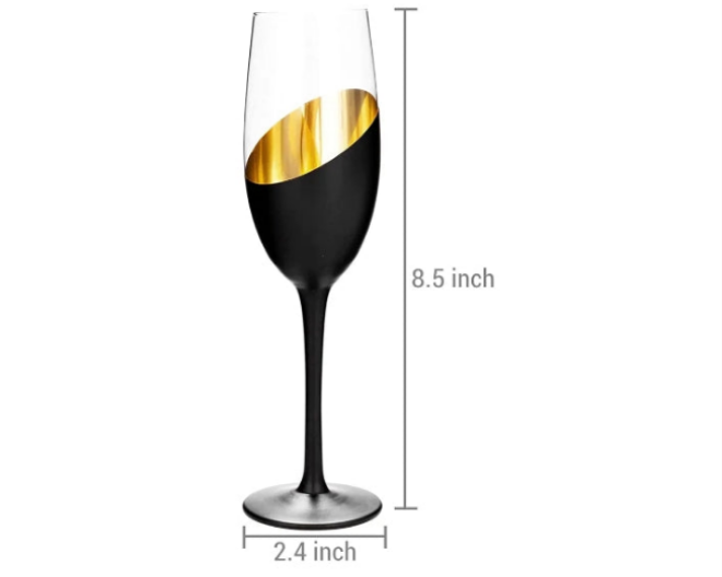 Gold plated Stemmed Champagne Flute Glass Set of 4 with Black and Gold Plated Design, Bachelorette Toasting Glasses Party and Wedding Wine Glass, 8 oz