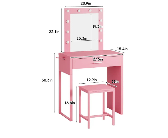 Makeup Vanity Desk with Mirror and Lights, Black Vanity Table and Chair Set, Brightness Adjustable, Small Vanity