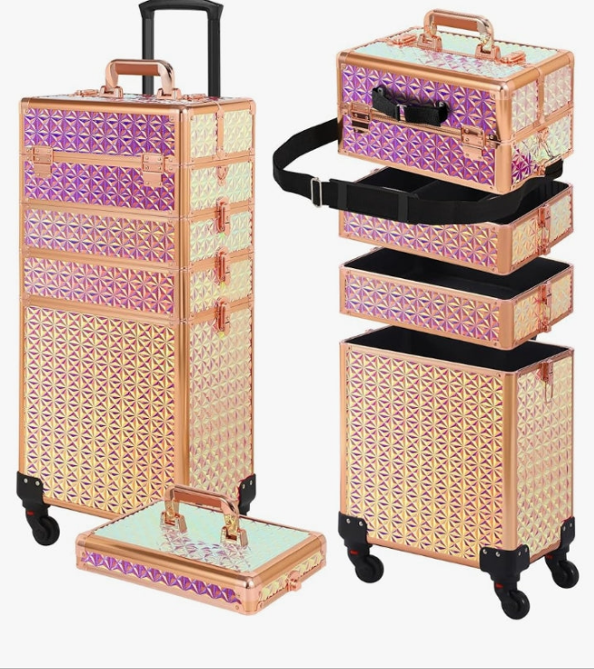 Rolling Makeup Case, Makeup Train Case with Lid, 5 in 1 Cosmetology Case on Wheels, Christmas Gift, Large Makeup Case Organizers, Profesional Cosmetic Case for Salon Barber,