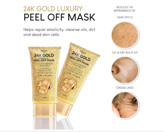 24K Gold Firming Peel Off Face Mask- Anti Aging, Lifting, Illuminating & Revitalizing - Removes Blackheads, Dirt & Oils - With Hyaluronic Acid and Collagen - Skin Care - 150mL