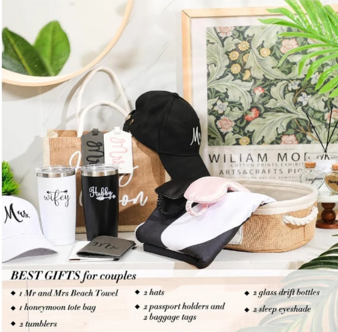 14 Pieces Wedding Gifts for Couple Mr and Mrs Honeymoon Gifts Bride and Groom Gifts Include Wedding Towels 20 oz Wine Tumbler Hat Passport Holder Baggage Tag Glass Bottle Honeymoon Tote Bag