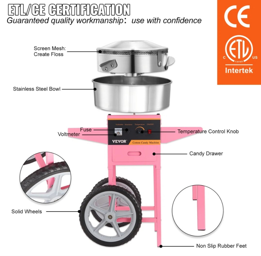 Electric Hard Candy and Cotton Candy Machine with Cones