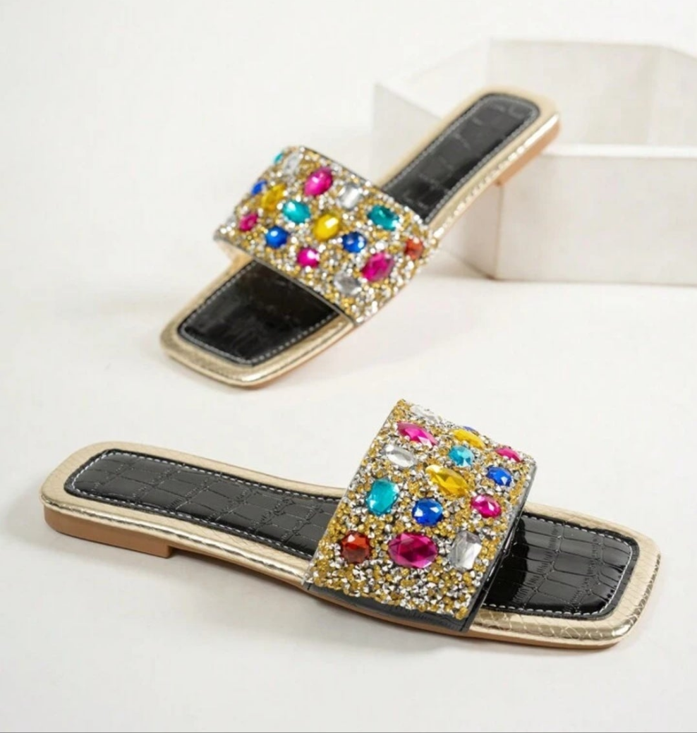 Rhinestone Decorated Flat Sandals, Comfortable Casual Open Toe Slippers Suitable For Outdoor, Beach, Party In Summer