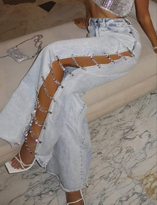 Covered in Diamond Lace Up Jeans High Rise Wide Leg Rhinestone Bandage Fringe Hem Split Denim Trouser