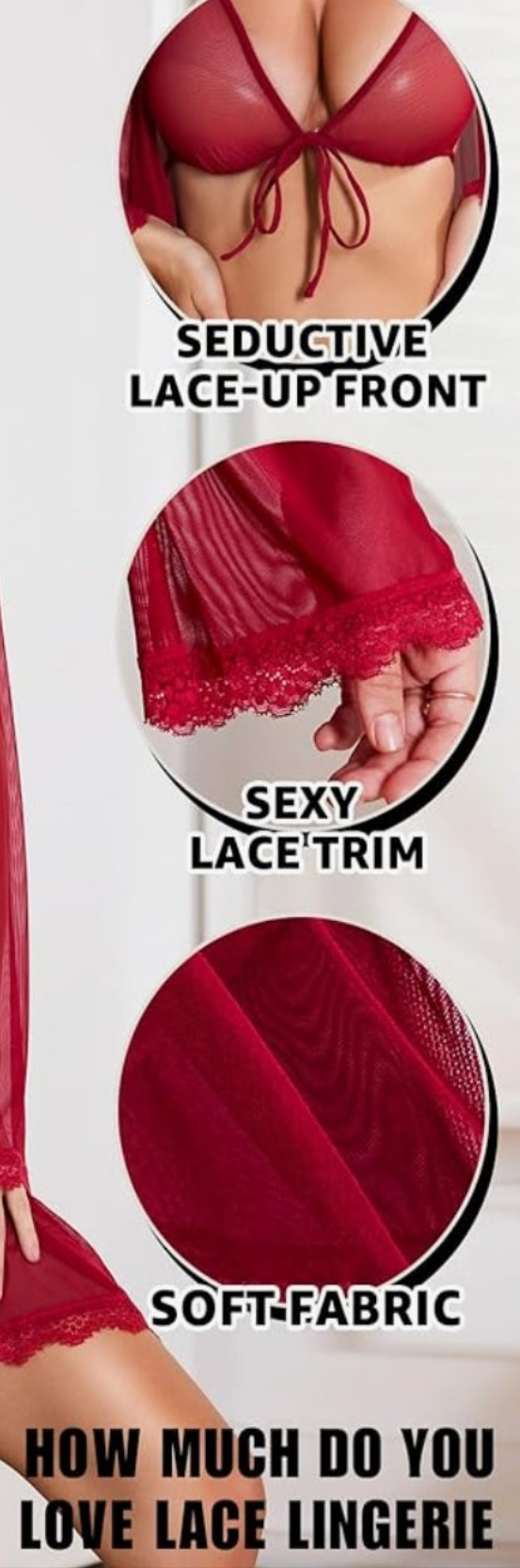 Sexy Lingerie Set - 3 Piece Bra and Panty Sets with Lace Robe Sheer Sleepwear & Mesh Nightgown Cocomoney