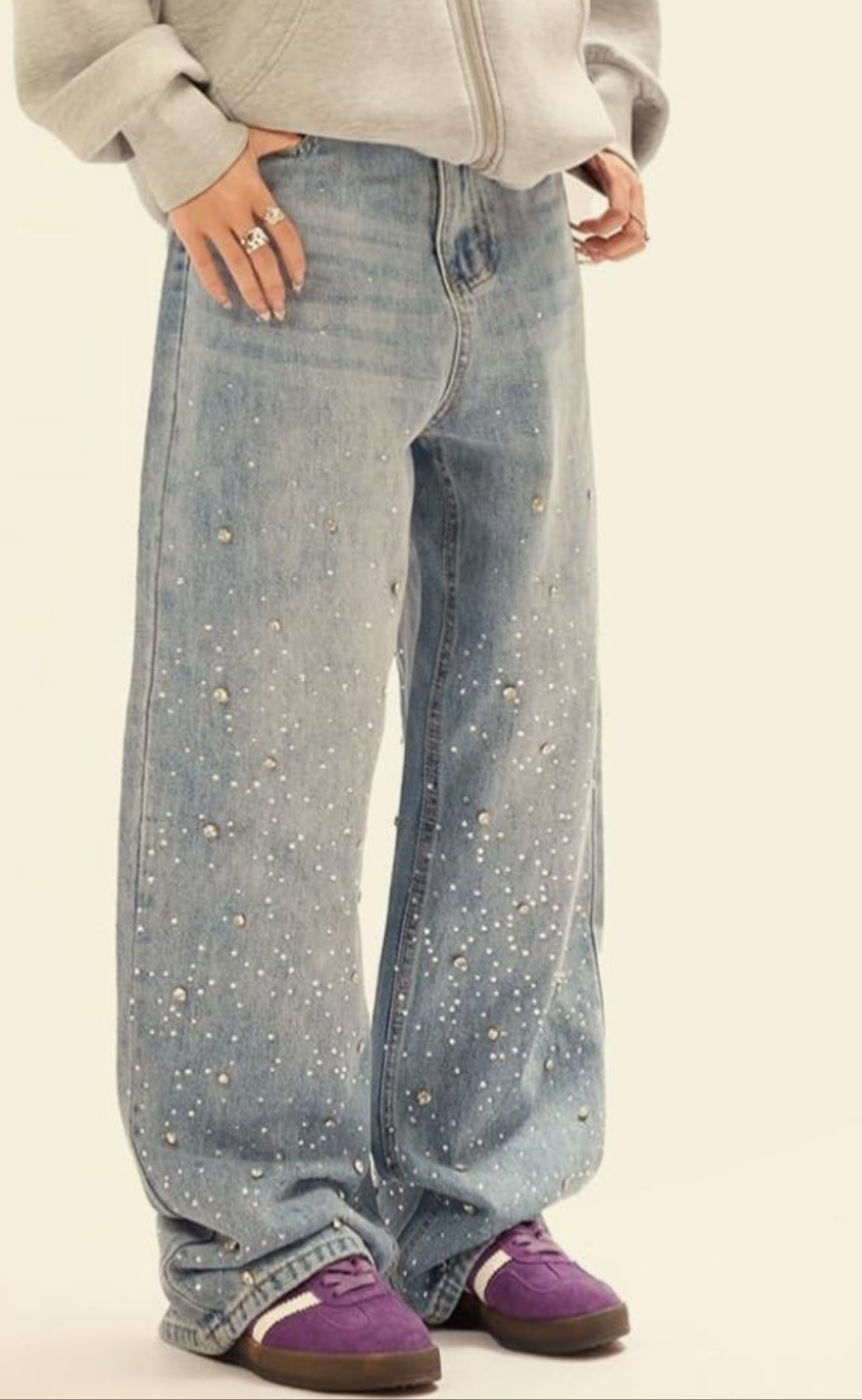 Hip Hop Rhinestone Jeans Men Women Baggy Straight Vintage Blue Denim Pants Streetwear Jeans Trousers