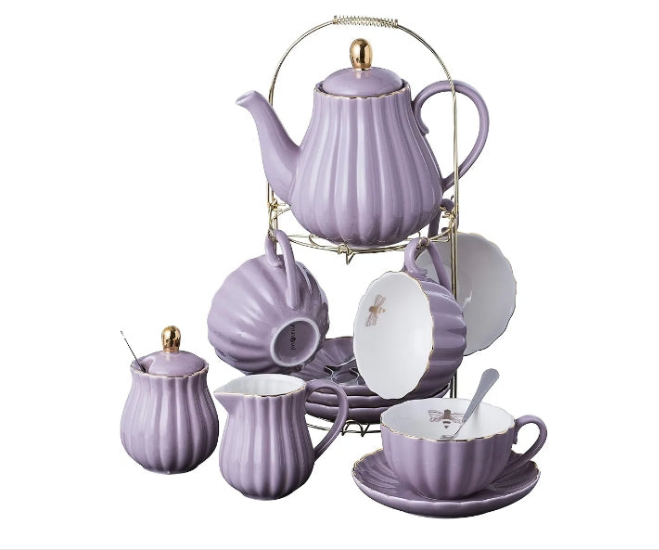 QUEEN BEE COLLECTION Porcelain Tea Set- 8 OZ Coffee Cup/Teacup, Saucer, Spoons, Teapot and Creamer set, 17-Pieces