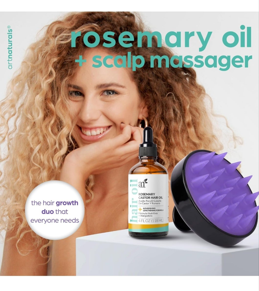 Organic Rosemary & Castor Hair Growth Oil + Scalp Massager Set – Hair Styling Oils for Dry, Itchy Scalp, Thickening & Hydration - Scalp Oil Products For Damaged Hair & Split Ends – 4.0 oz