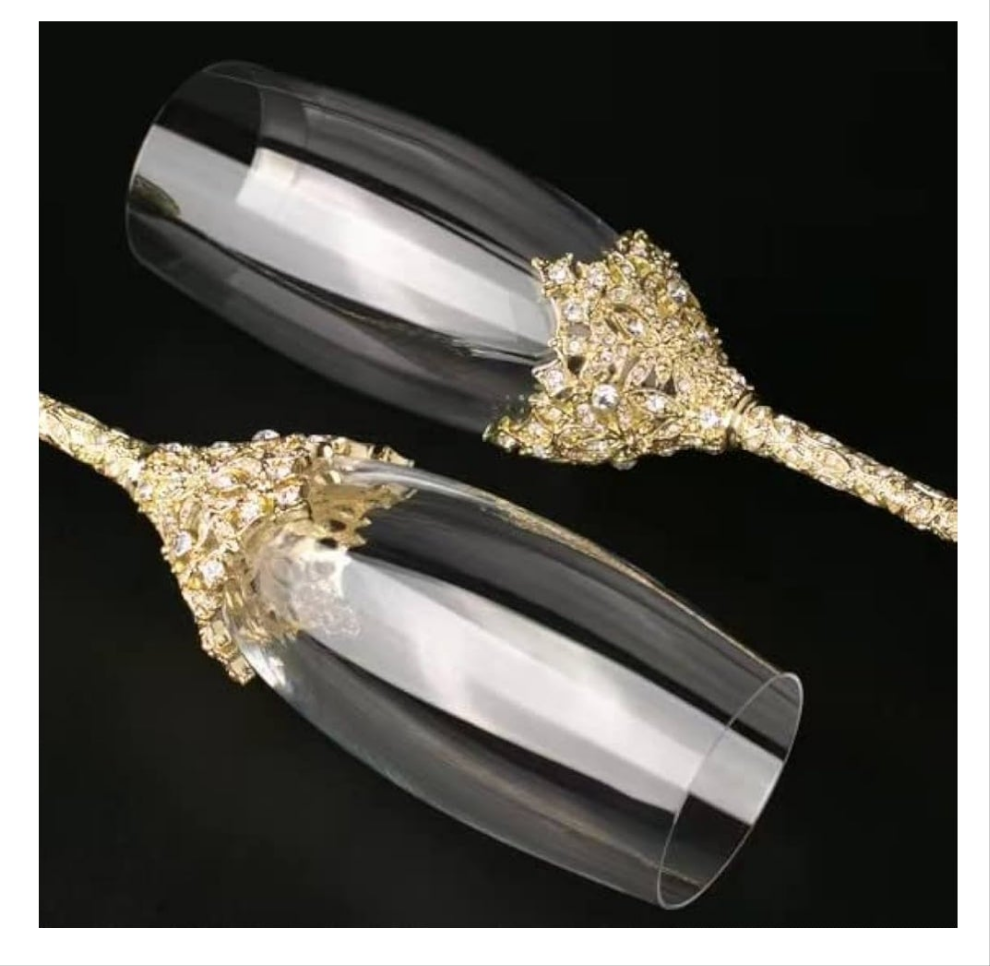 Crystal Glass Champagne Flutes Gold, Set of 2, 7oz GOLD PLATED
Gift, Metal Base, With Crystal Stones, Toasting Flute Pair, Wedding Anniversary Party Birthday Banquets, Gifts for Bride and Groom
