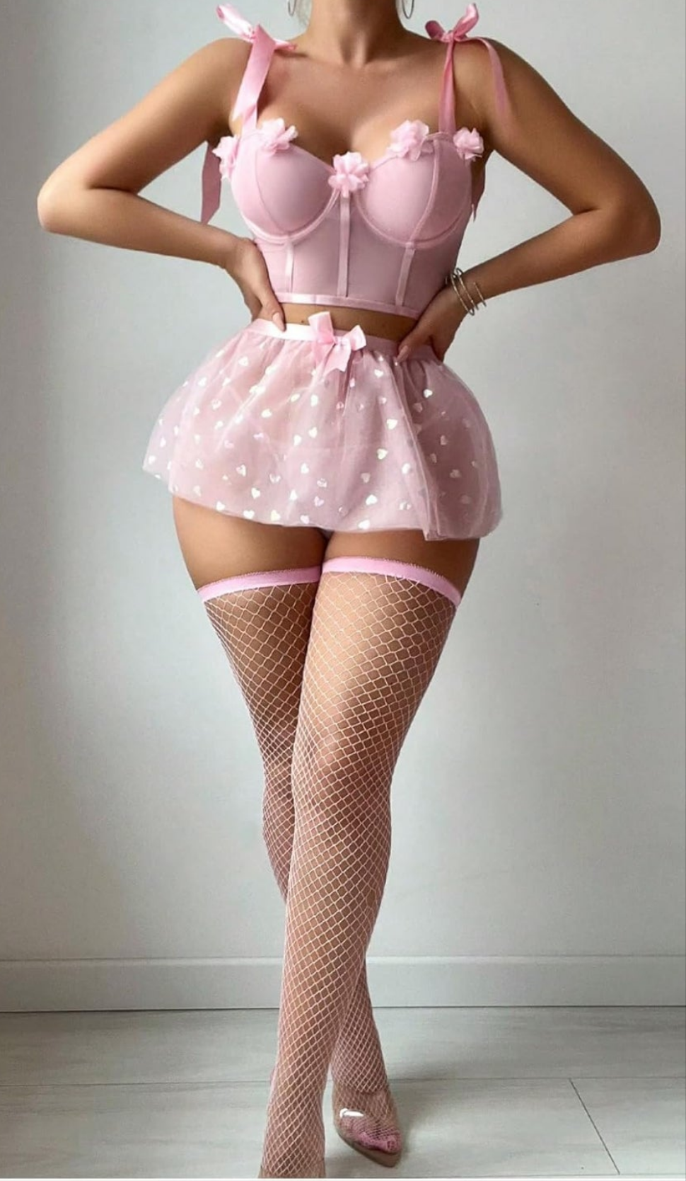Women's 5 Piece Lingerie Set Bow Tie Camisole Mesh Tulle Skirt and Thong with Stockings COCOMONEY pink