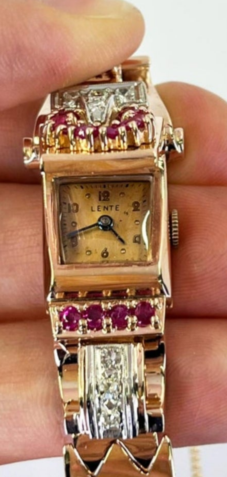 Stunning Retro Rose Gold, Diamond, and Ruby Manual Watch 0.18k