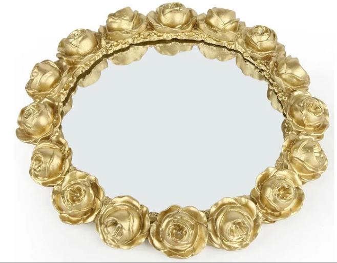 Decorative Round Mirror Tray Bathroom Vanity Tray with Gold Resin Rose for Perfume,Jewelry and Makeup
